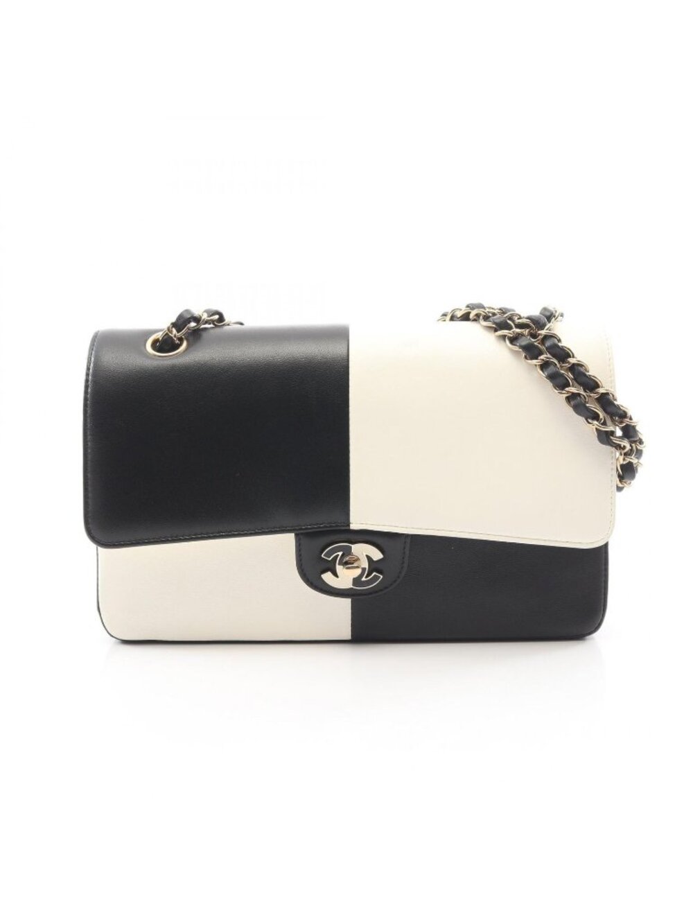 Chanel Shoulder Bag Double Flap Bicolor Black White Lambskin Chain